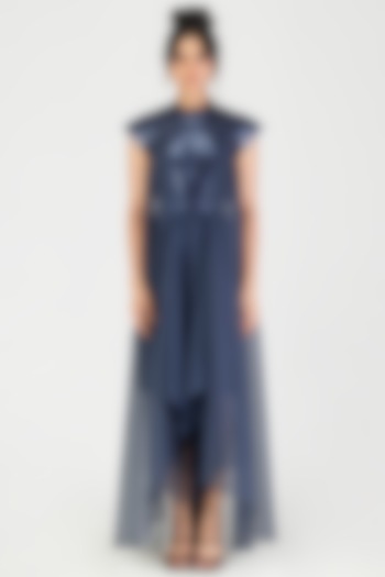 Cosmos Blue Sheer Checkered Maxi Cocktail Dress by Amit Aggarwal at Pernia's Pop Up Shop