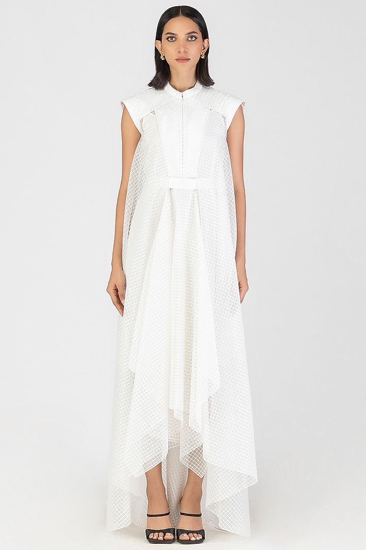 Pearl White Sheer Checkered Maxi Cocktail Dress by Amit Aggarwal at Pernia's Pop Up Shop