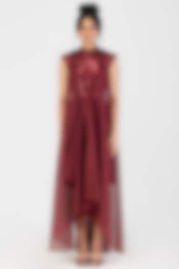 Oxblood Red Sheer Checkered Maxi Cocktail Dress by Amit Aggarwal at Pernia's Pop Up Shop