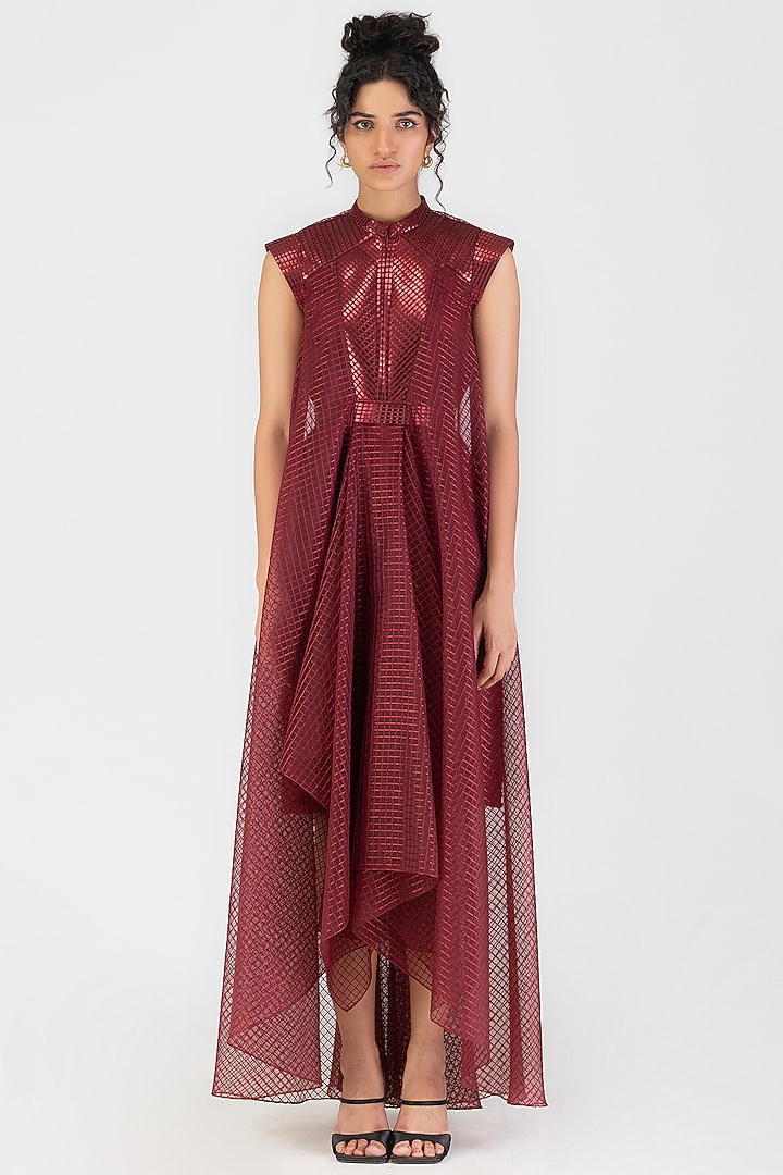 Oxblood Red Sheer Checkered Maxi Cocktail Dress by Amit Aggarwal at Pernia's Pop Up Shop