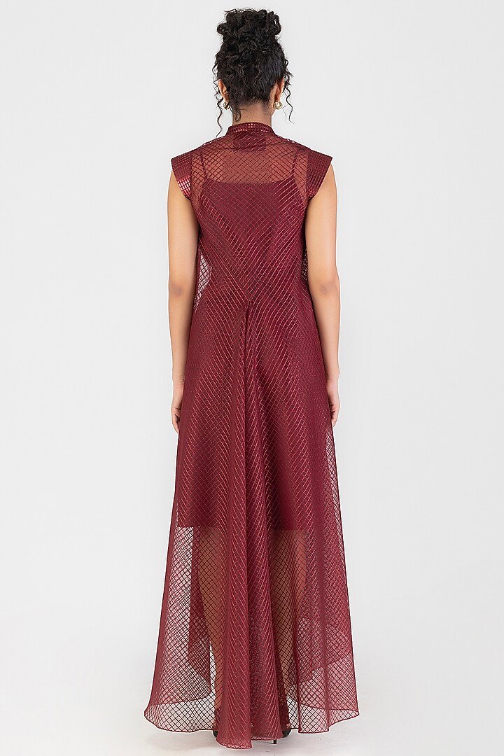 Oxblood Red Sheer Checkered Maxi Cocktail Dress by Amit Aggarwal at Pernia's Pop Up Shop
