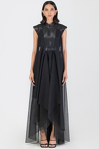 Onyx Black Sheer Checkered Maxi Dress by Amit Aggarwal