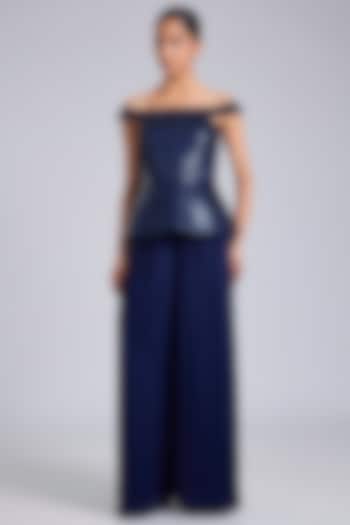 Cosmos Blue Satin Chiffon Handwoven Co-Ord Set by Amit Aggarwal at Pernia's Pop Up Shop