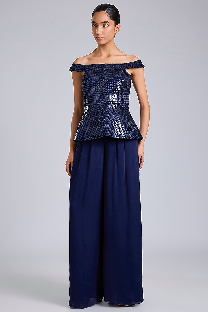 Cosmos Blue Satin Chiffon Handwoven Co-Ord Set by Amit Aggarwal at Pernia's Pop Up Shop