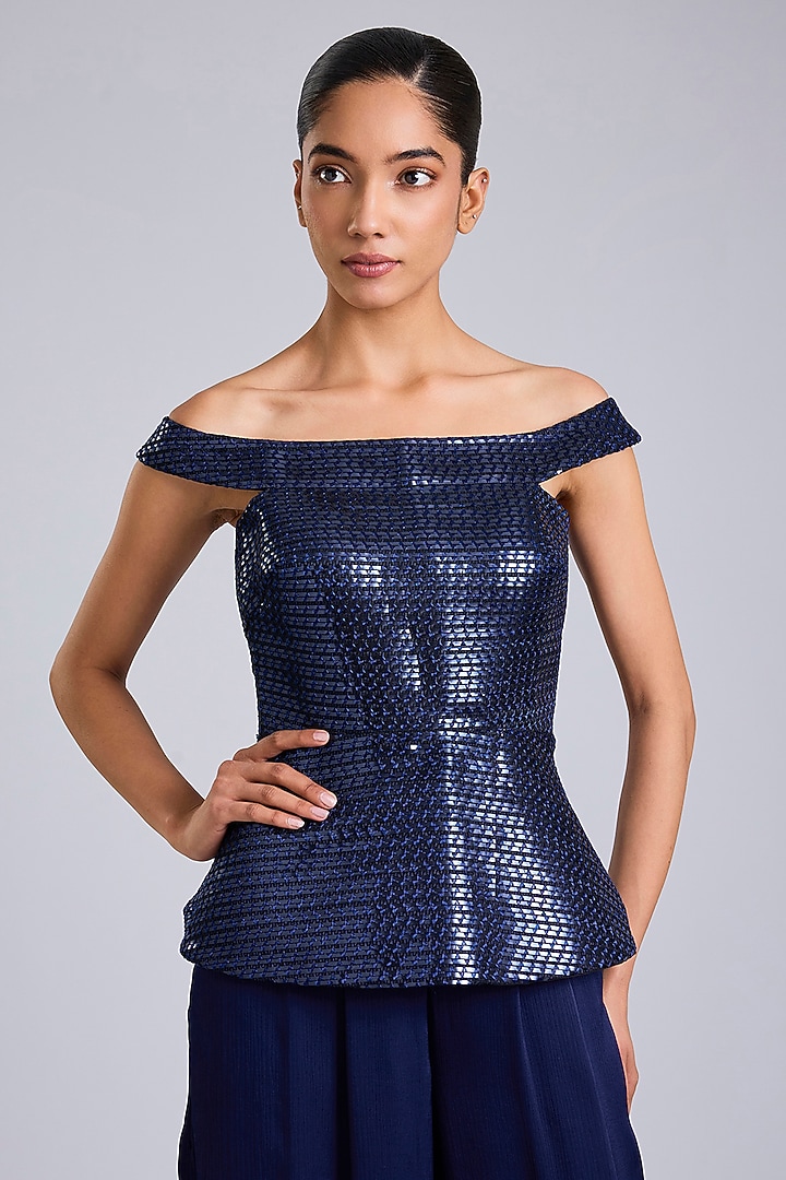 Cosmos Blue Satin Chiffon Handwoven Co-Ord Set by Amit Aggarwal at Pernia's Pop Up Shop