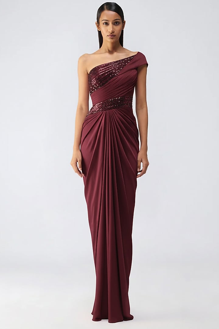 Oxblood Red Chiffon Engagement Gown by Amit Aggarwal at Pernia's Pop Up Shop