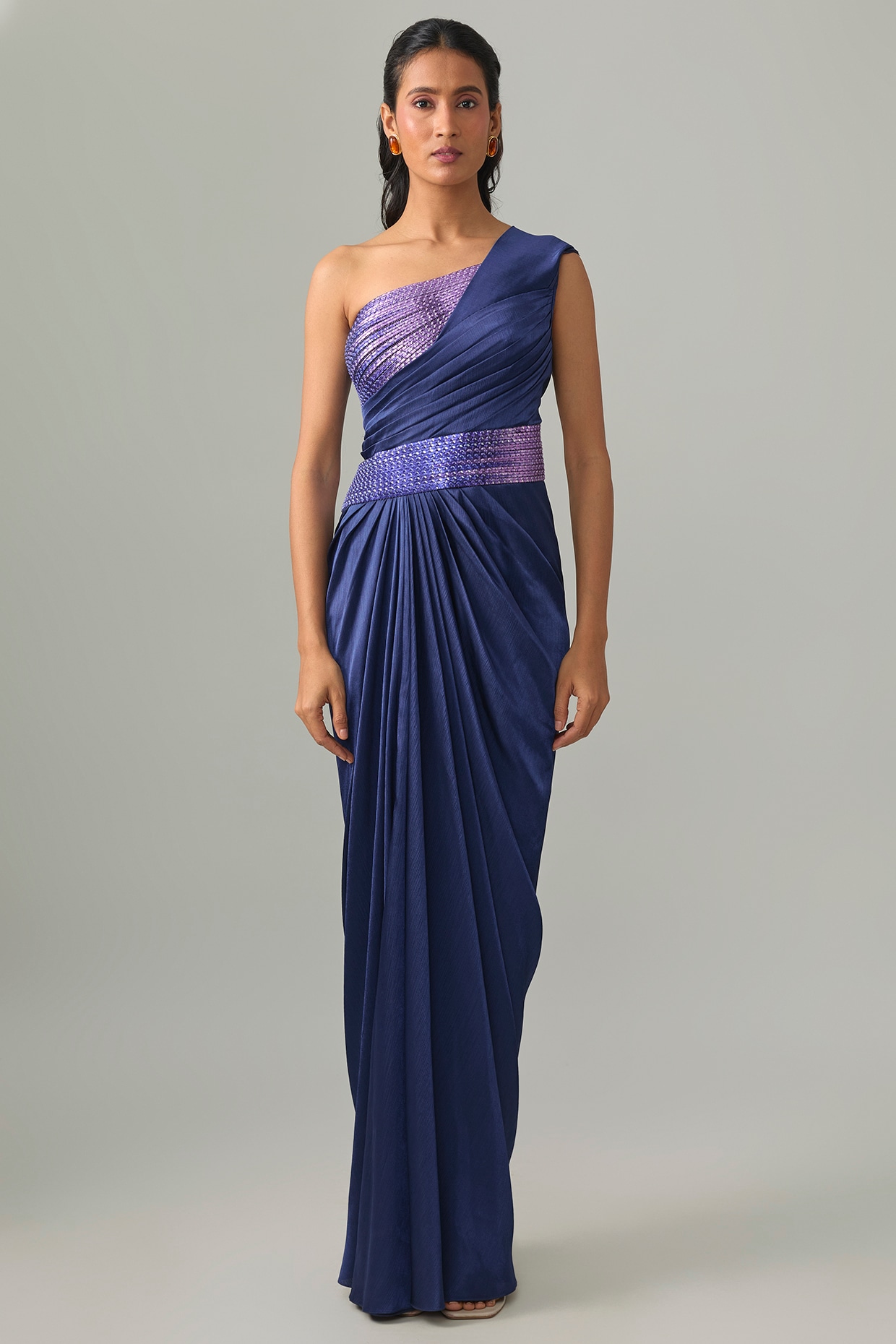 Amit Aggarwal Cosmos Blue Chiffon Hand-Woven Glitch Gown