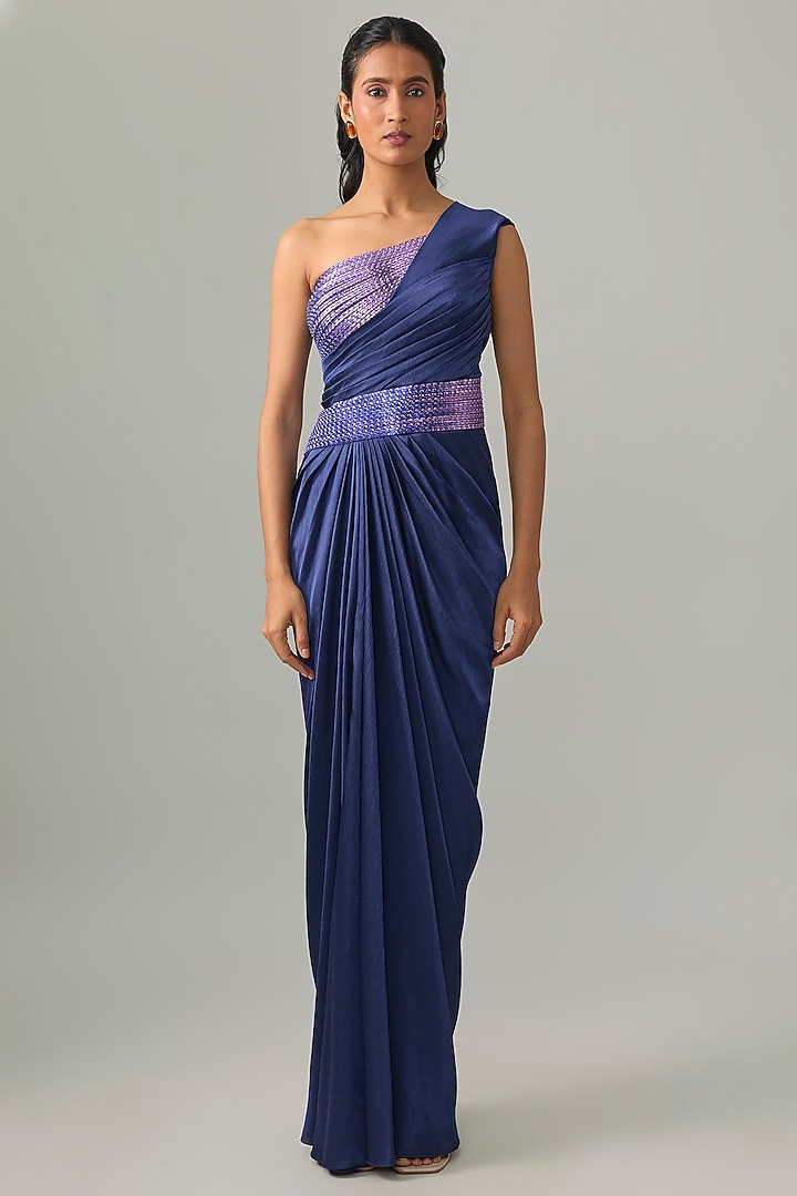 Cosmos Blue Chiffon Hand-Woven Glitch Wedding Gown by Amit Aggarwal at Pernia's Pop Up Shop