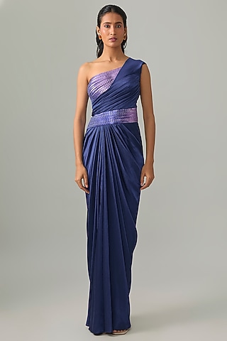 Cosmos Blue Chiffon Hand-Woven Glitch Gown by Amit Aggarwal