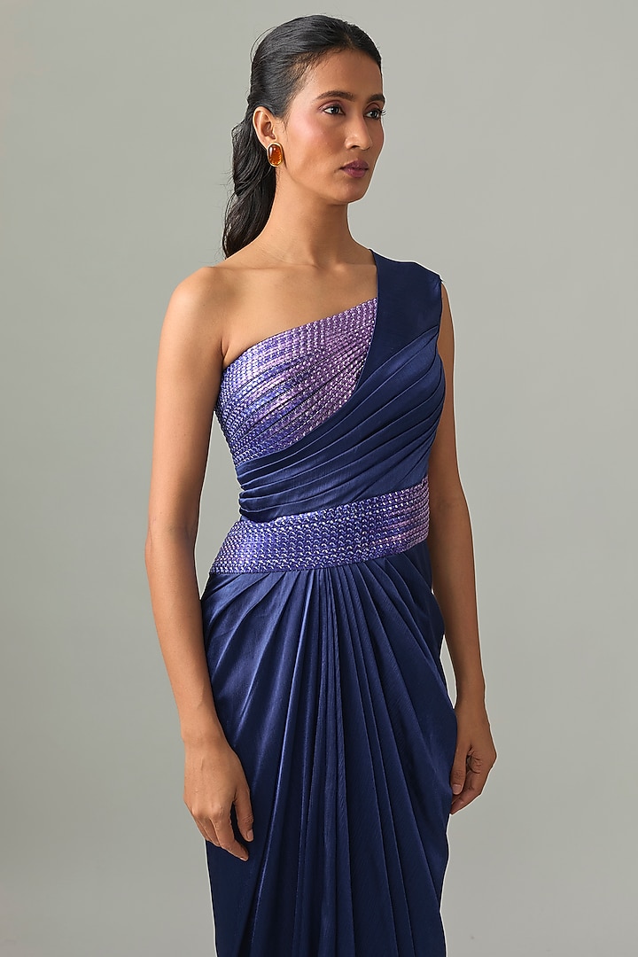 Cosmos Blue Chiffon Hand-Woven Glitch Wedding Gown by Amit Aggarwal at Pernia's Pop Up Shop
