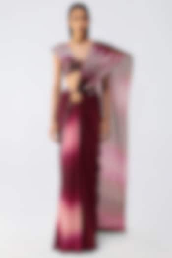 Oxblood Chiffon Pre-Draped Reception Saree Set by Amit Aggarwal at Pernia's Pop Up Shop