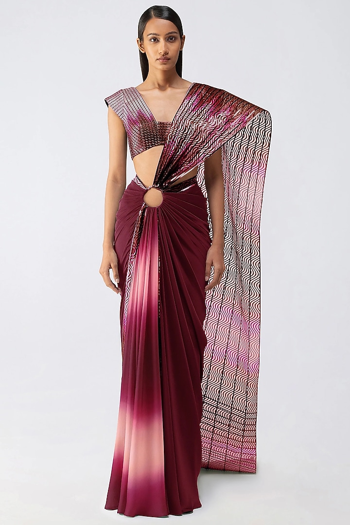 Oxblood Chiffon Pre-Draped Reception Saree Set by Amit Aggarwal at Pernia's Pop Up Shop