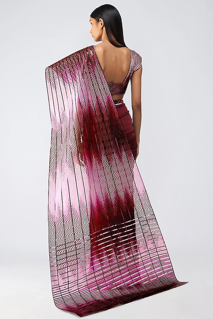 Oxblood Chiffon Pre-Draped Reception Saree Set by Amit Aggarwal at Pernia's Pop Up Shop