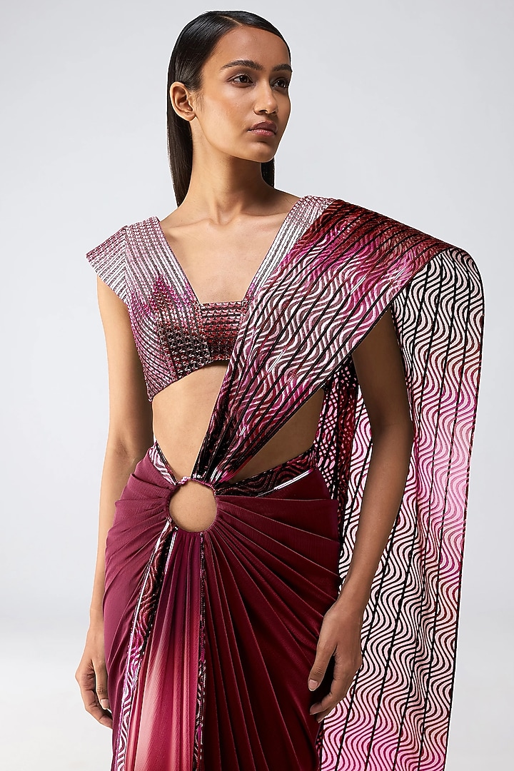Oxblood Chiffon Pre-Draped Reception Saree Set by Amit Aggarwal at Pernia's Pop Up Shop
