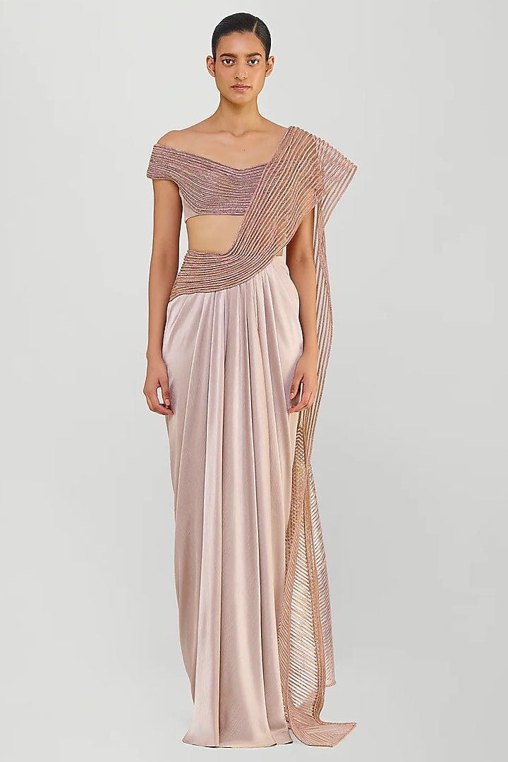 Rose Pink Chiffon & Butterfly Net Draped Bridal Saree Set by Amit Aggarwal at Pernia's Pop Up Shop