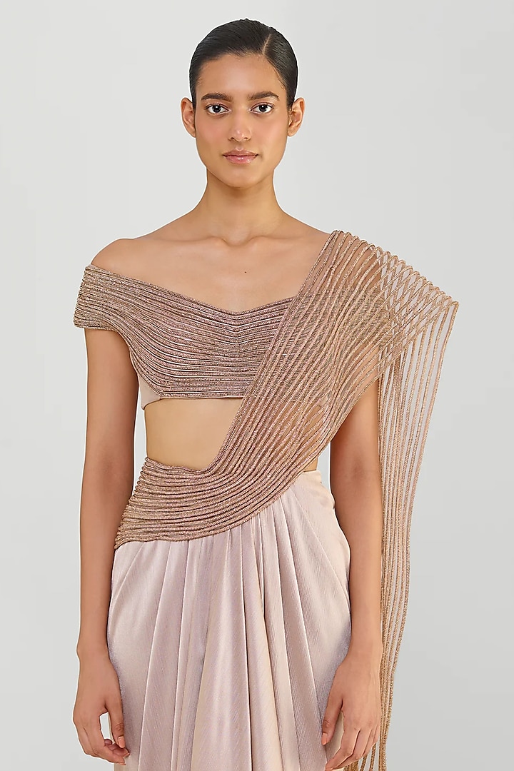 Rose Pink Chiffon & Butterfly Net Draped Bridal Saree Set by Amit Aggarwal at Pernia's Pop Up Shop