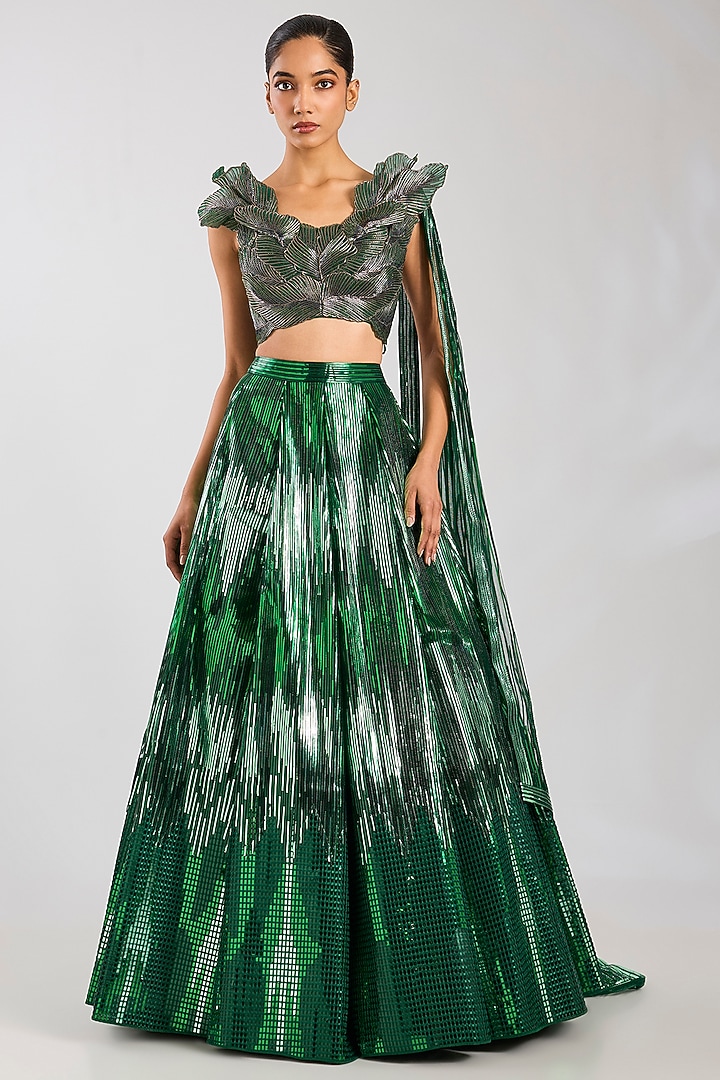 Emerald & Purple Butterfly Net Bridal Lehenga Set by Amit Aggarwal at Pernia's Pop Up Shop