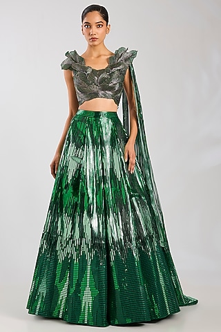 Emerald & Purple Butterfly Net Lehenga Set by Amit Aggarwal
