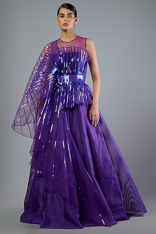 Purple Metallic Stirper Gown by Amit Aggarwal