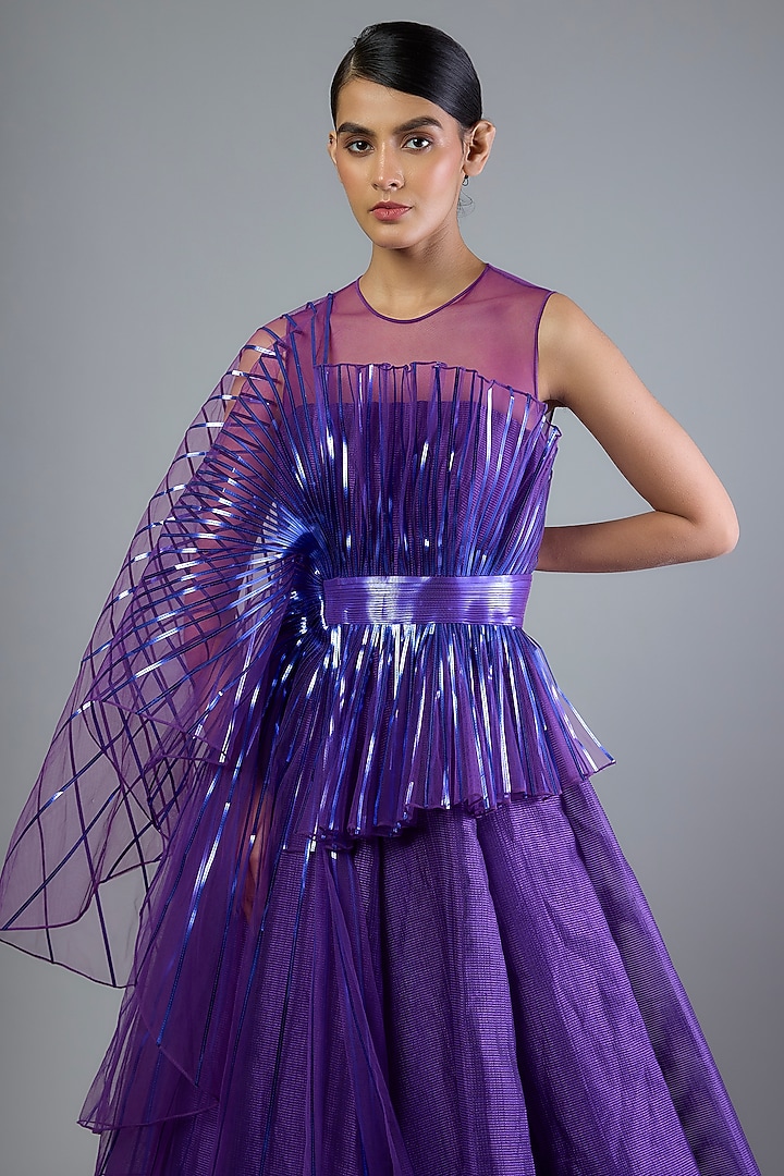 Purple Metallic Stirper Bridal Gown by Amit Aggarwal at Pernia's Pop Up Shop