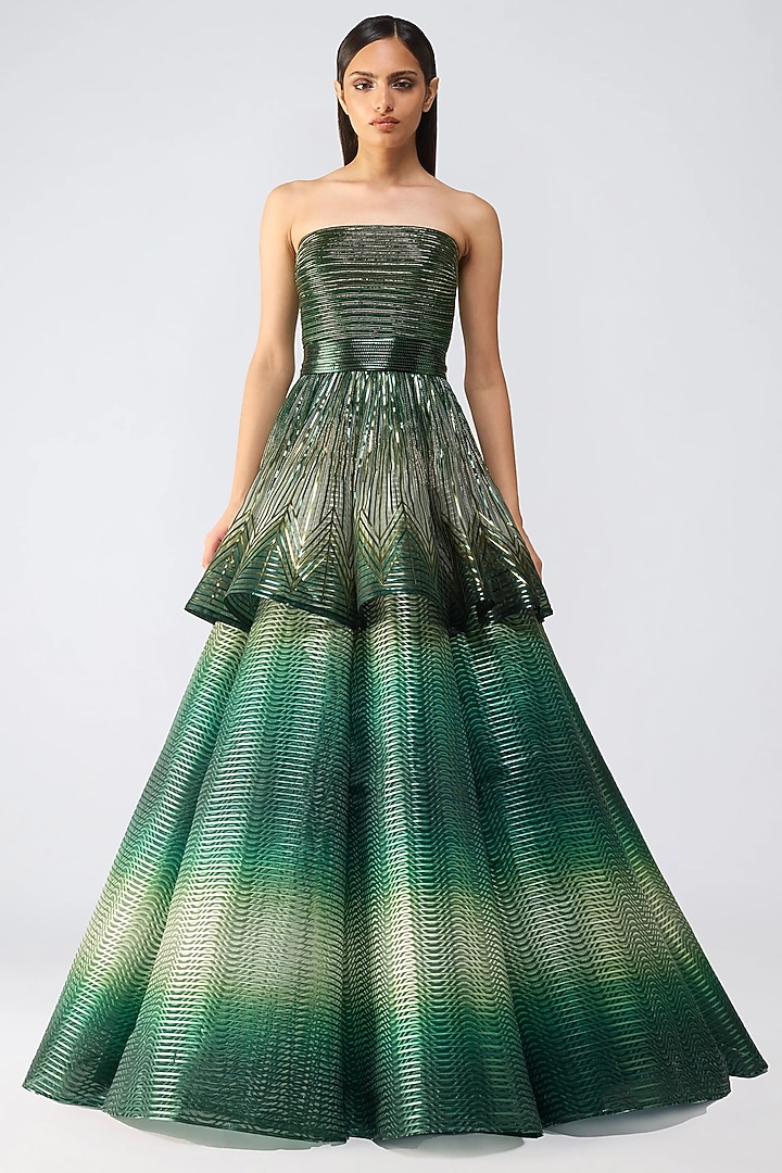 Emerald Green Regina & Organza Flared Skirt Set by Amit Aggarwal at Pernia's Pop Up Shop