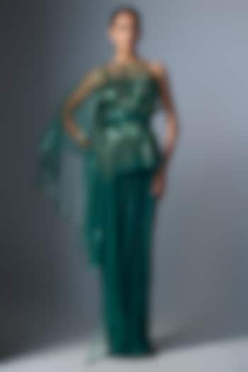 Emerald Tulle & Jersey Reception Gown Saree by Amit Aggarwal at Pernia's Pop Up Shop