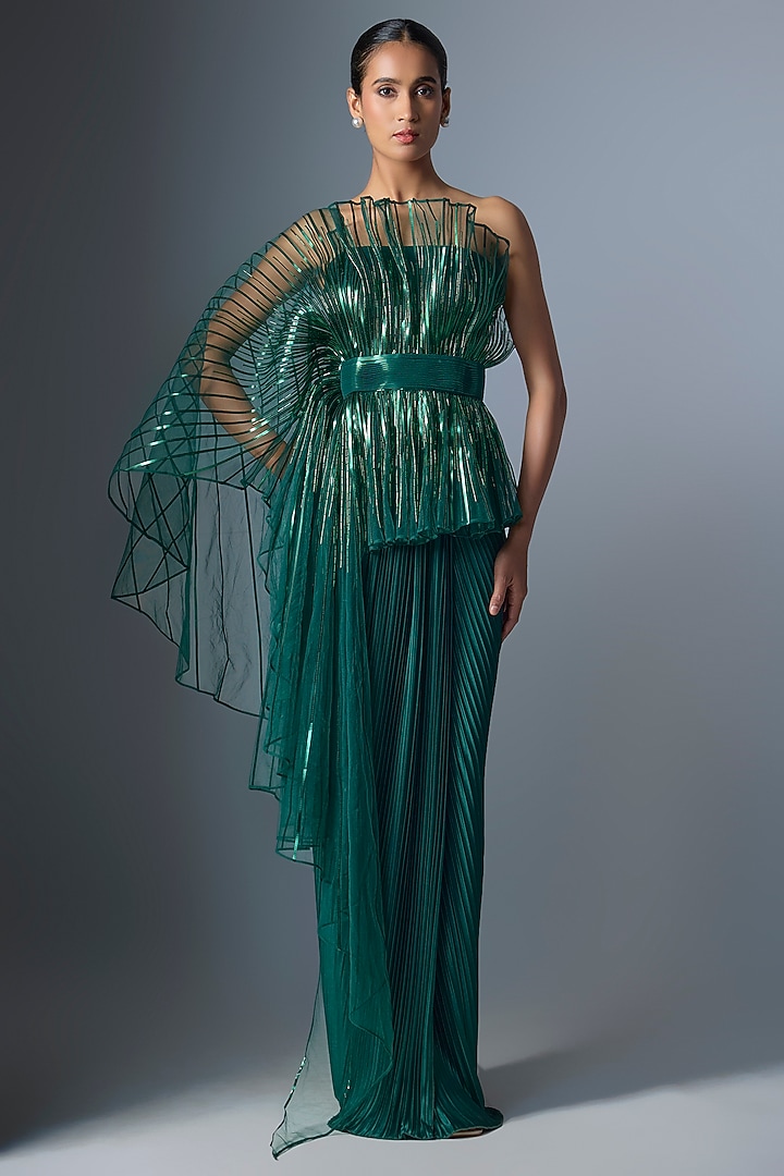 Emerald Tulle & Jersey Reception Gown Saree by Amit Aggarwal at Pernia's Pop Up Shop