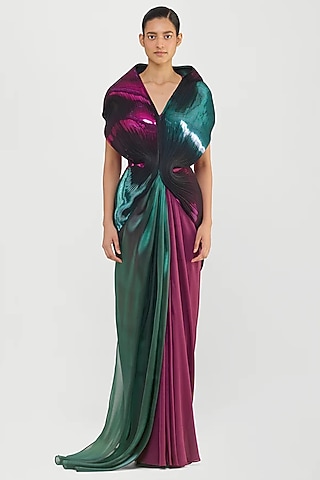 Plum & Emerald Green Polyester Structured Gown by Amit Aggarwal