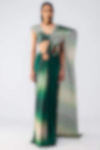 Emerald Chiffon Pre-Draped Reception Saree Set by Amit Aggarwal at Pernia's Pop Up Shop