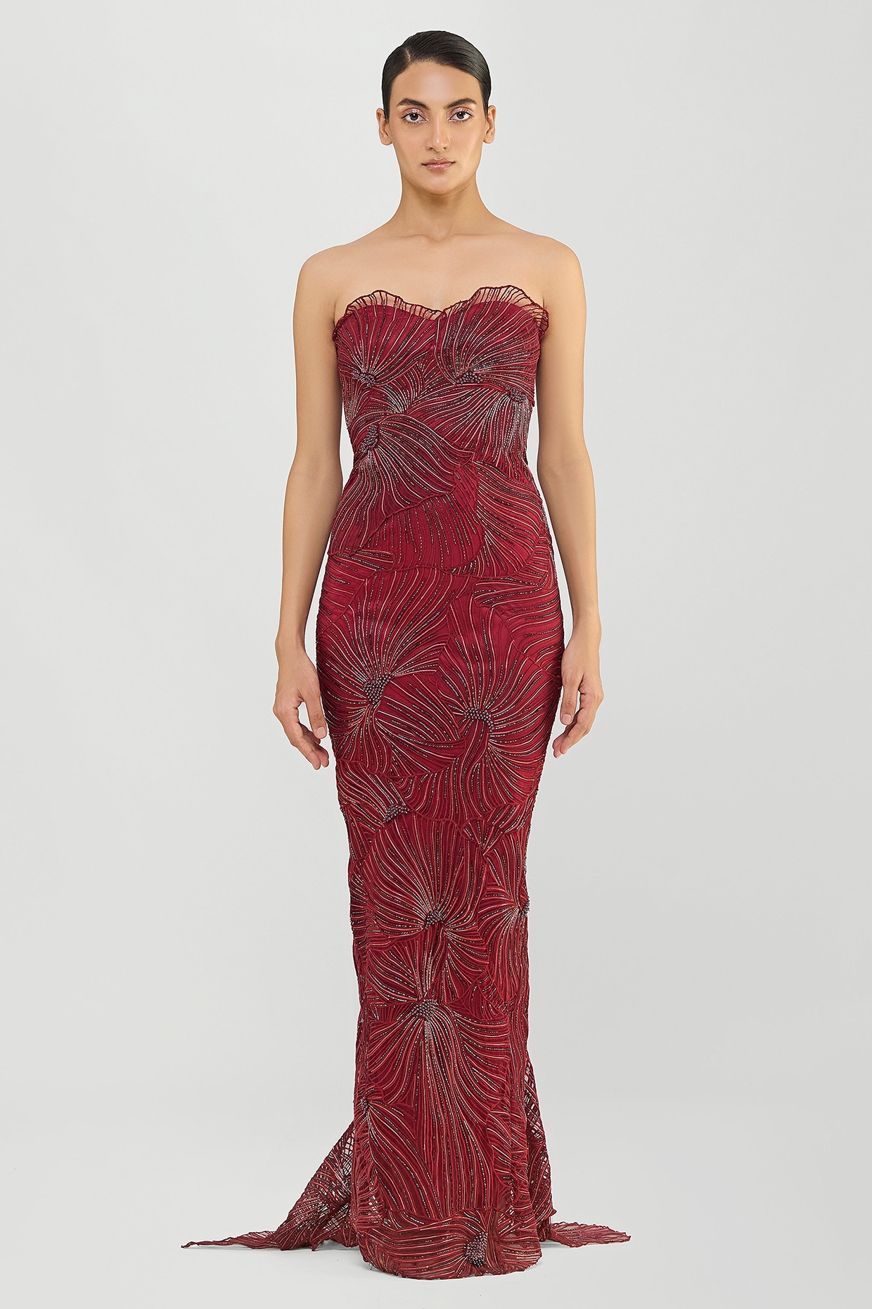 Amit Aggarwal Oxblood Mineral Jersey & Tulle Structured Corded Fishtail Gown