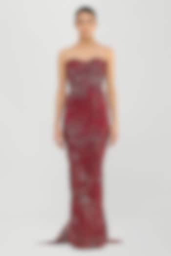 Oxblood Mineral Jersey & Tulle Structured Corded Fishtail Bridal Gown by Amit Aggarwal at Pernia's Pop Up Shop