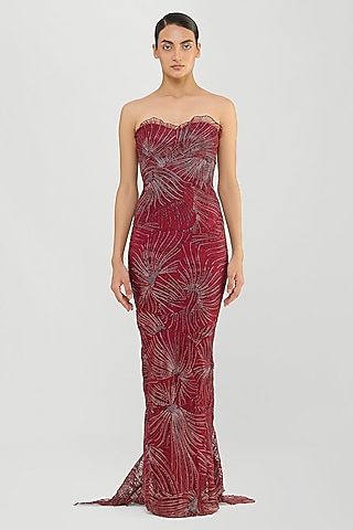 Oxblood Mineral Jersey & Tulle Structured Corded Fishtail Gown by Amit Aggarwal