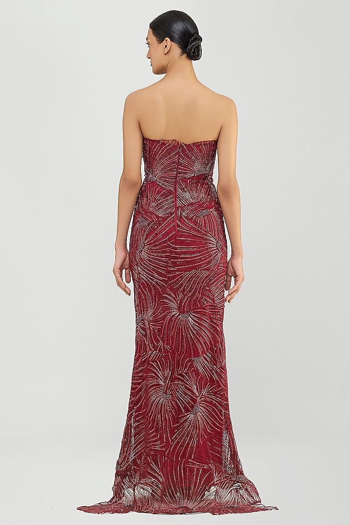 Oxblood Mineral Jersey & Tulle Structured Corded Fishtail Bridal Gown by Amit Aggarwal at Pernia's Pop Up Shop