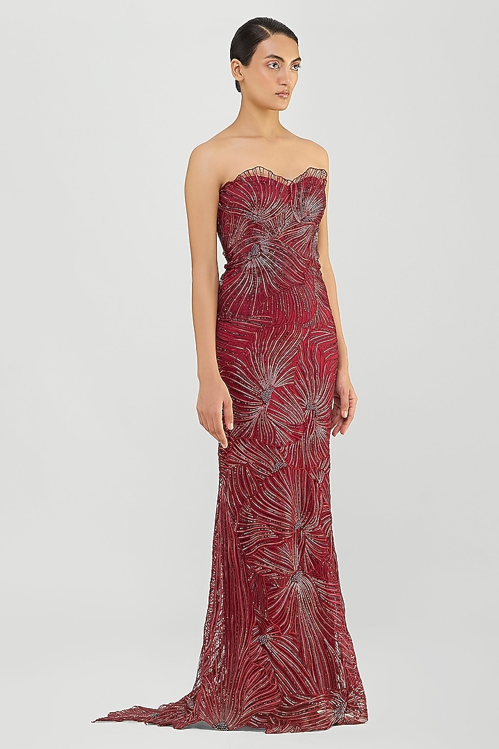 Oxblood Mineral Jersey & Tulle Structured Corded Fishtail Bridal Gown by Amit Aggarwal at Pernia's Pop Up Shop