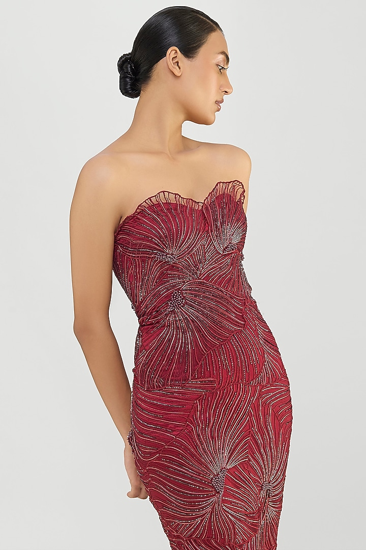 Oxblood Mineral Jersey & Tulle Structured Corded Fishtail Bridal Gown by Amit Aggarwal at Pernia's Pop Up Shop