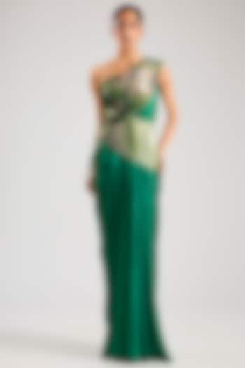 Emerald Green Metallic Satin Chiffon Wedding Gown by Amit Aggarwal at Pernia's Pop Up Shop