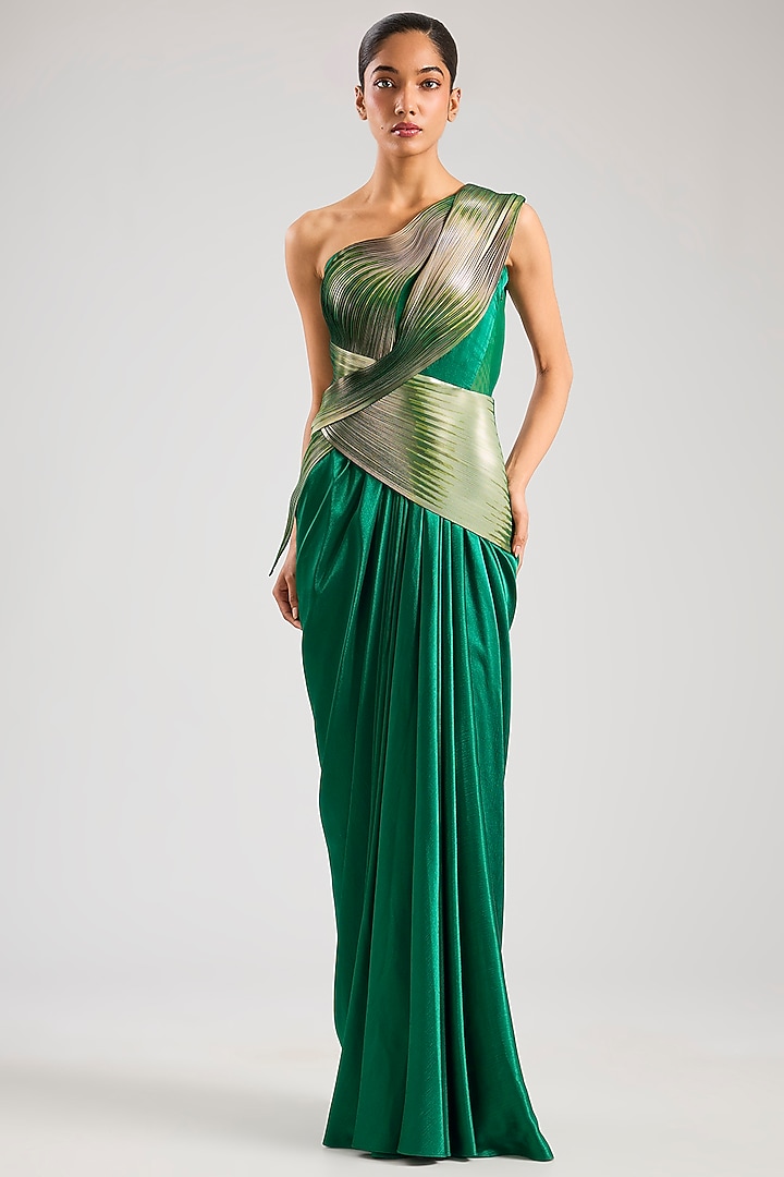 Emerald Green Metallic Satin Chiffon Wedding Gown by Amit Aggarwal at Pernia's Pop Up Shop