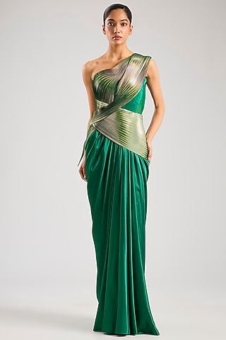 Emerald Green Metallic Satin Chiffon Gown by Amit Aggarwal