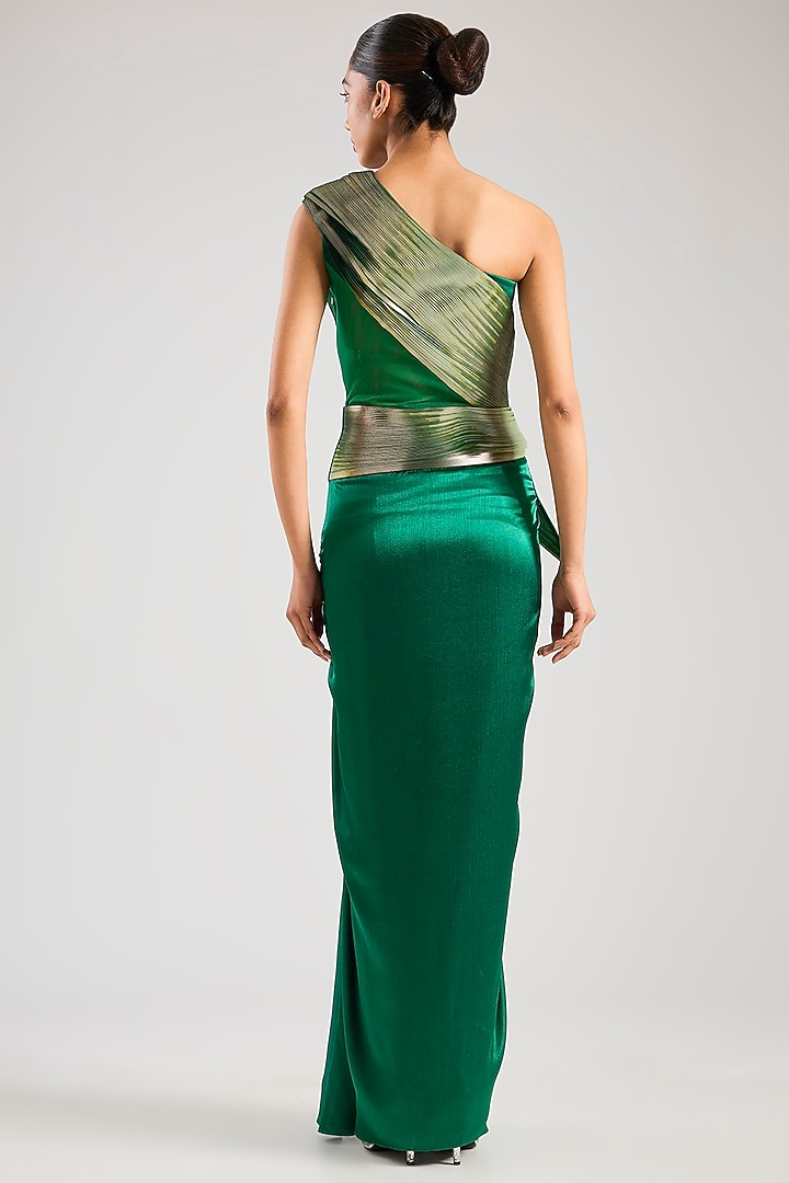 Emerald Green Metallic Satin Chiffon Wedding Gown by Amit Aggarwal at Pernia's Pop Up Shop