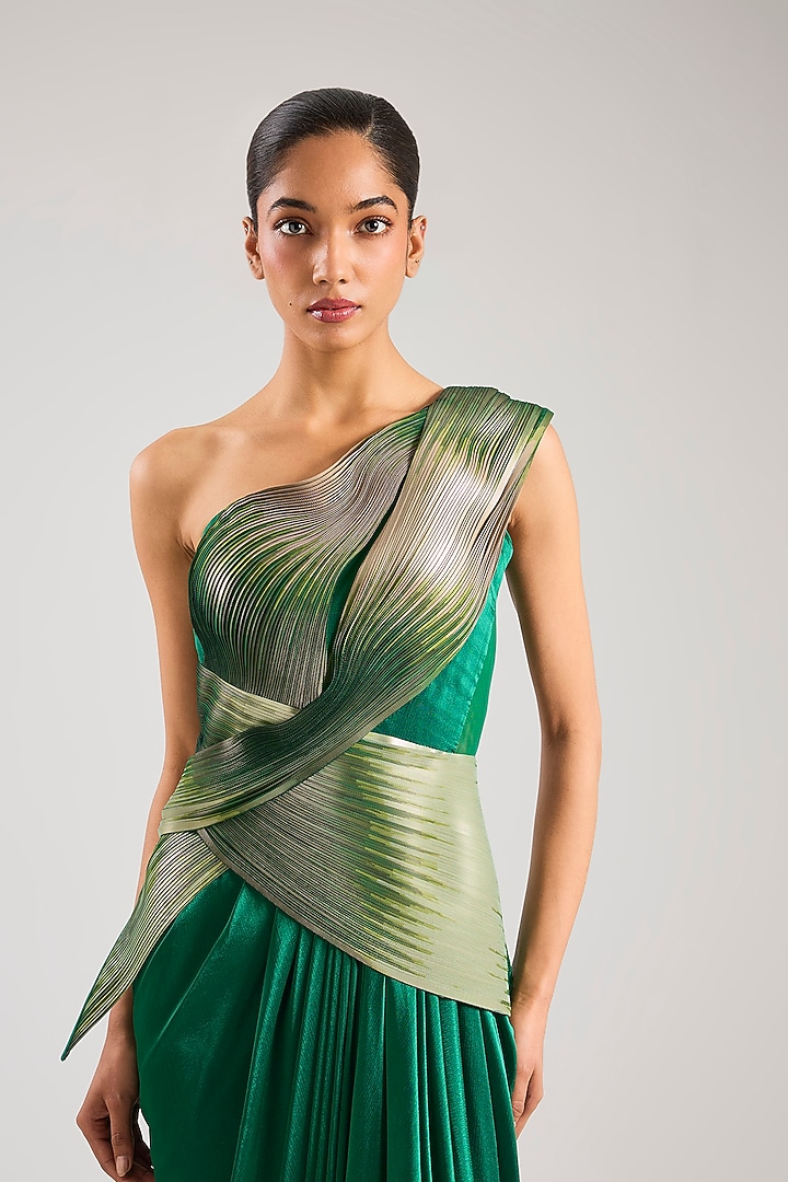 Emerald Green Metallic Satin Chiffon Wedding Gown by Amit Aggarwal at Pernia's Pop Up Shop