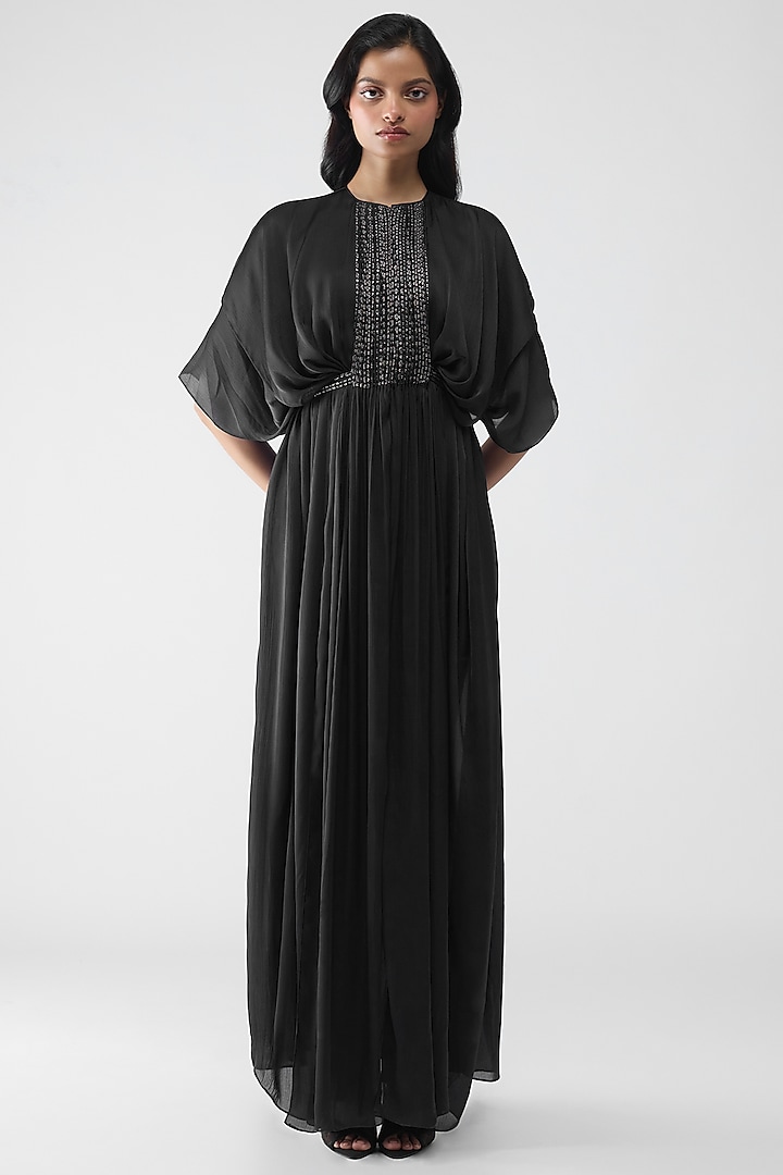Onyx Black Satin Chiffon Pleated Layered Cocktail Dress by Amit Aggarwal at Pernia's Pop Up Shop