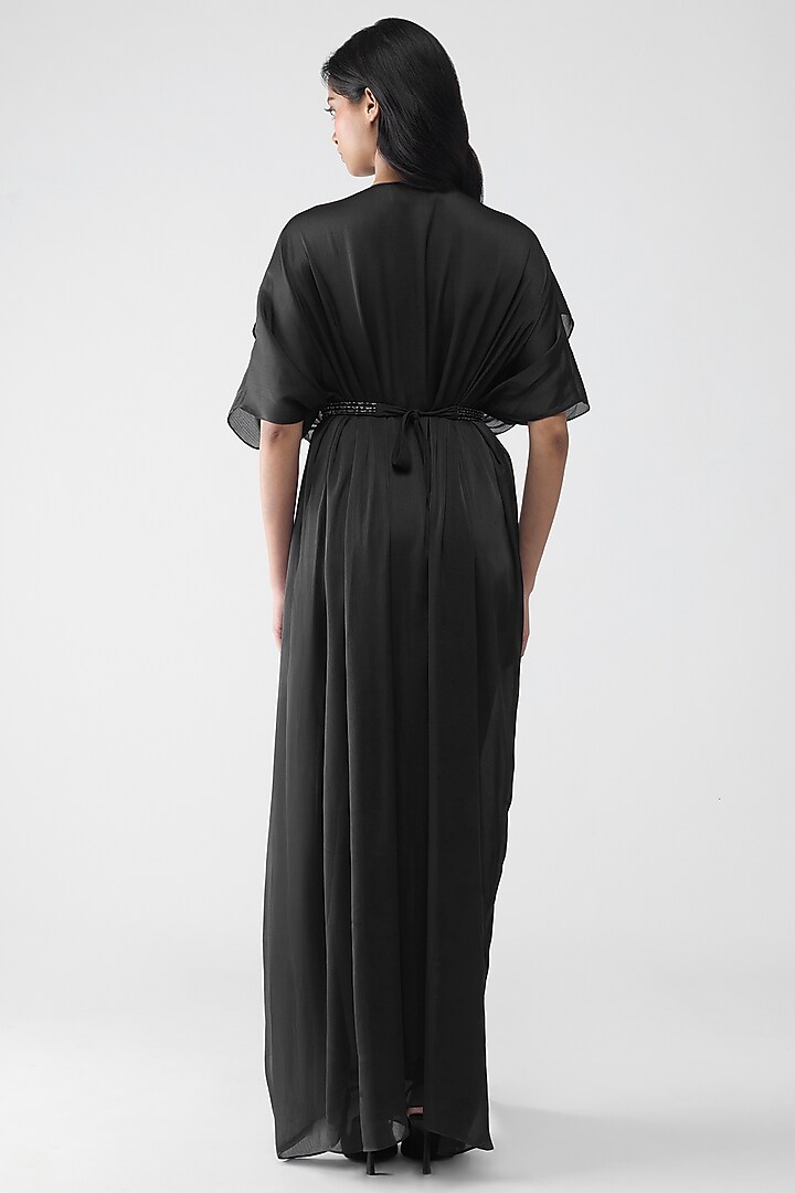 Onyx Black Satin Chiffon Pleated Layered Cocktail Dress by Amit Aggarwal at Pernia's Pop Up Shop