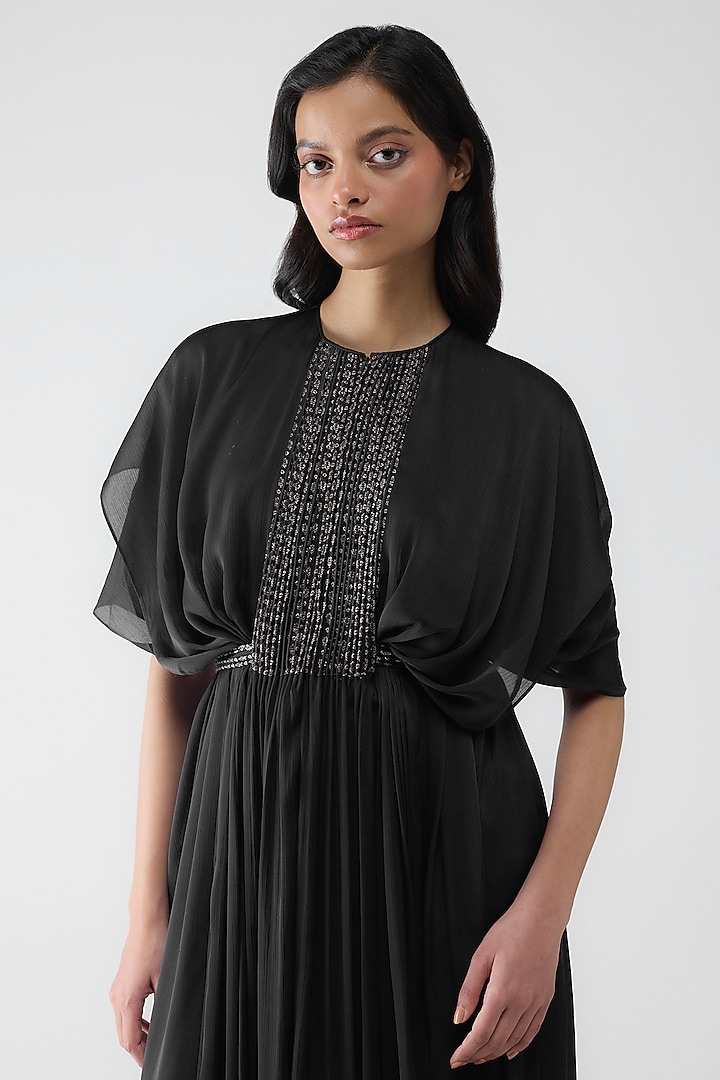 Onyx Black Satin Chiffon Pleated Layered Cocktail Dress by Amit Aggarwal at Pernia's Pop Up Shop