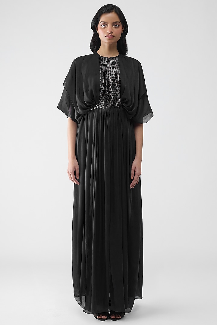 Onyx Black Satin Chiffon Pleated Layered Cocktail Dress by Amit Aggarwal at Pernia's Pop Up Shop