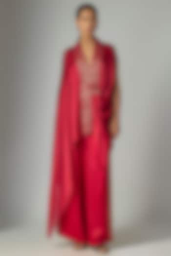 Ruby-Colored Satin Chiffon Cape Set by Amit Aggarwal at Pernia's Pop Up Shop
