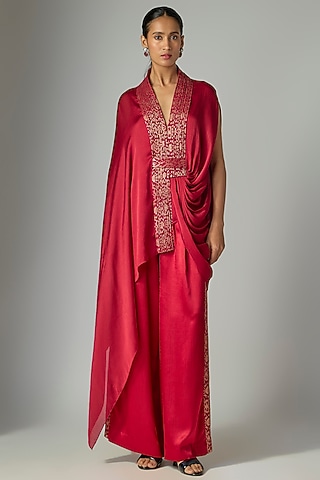 Ruby-Colored Satin Chiffon Cape Set by Amit Aggarwal
