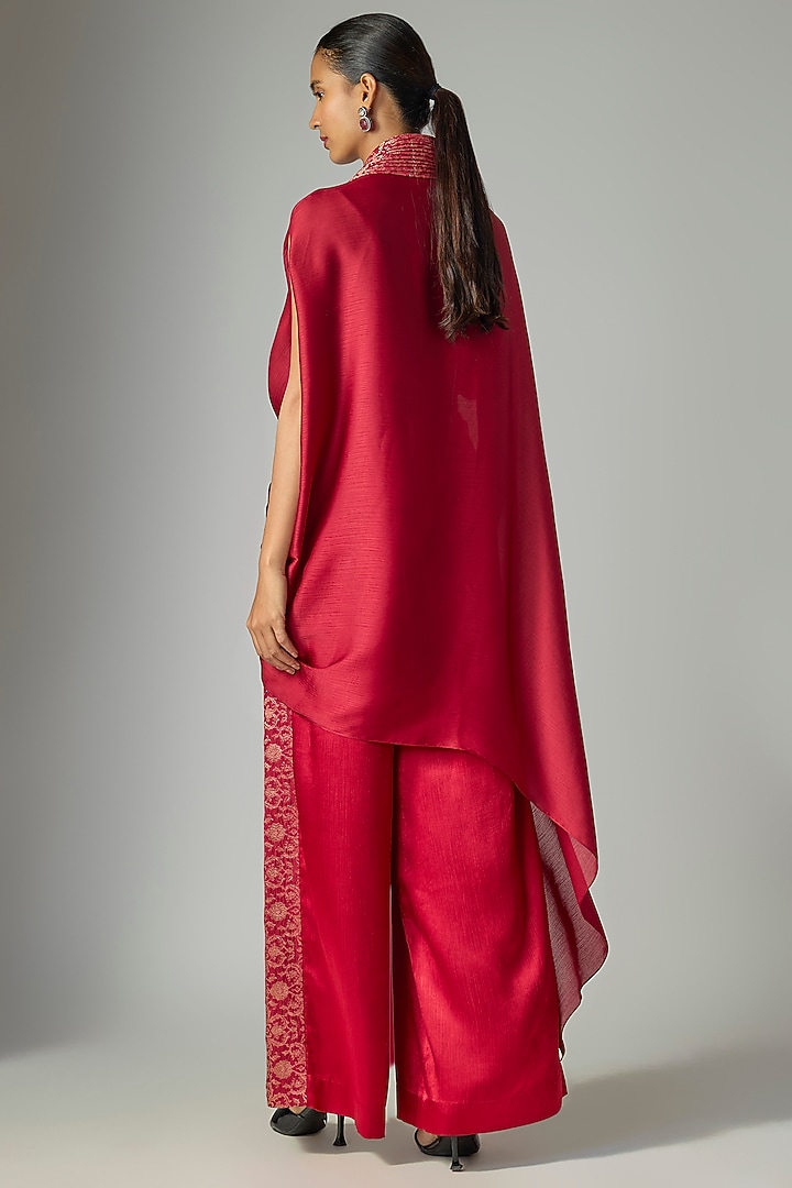 Ruby-Colored Satin Chiffon Cape Set by Amit Aggarwal at Pernia's Pop Up Shop