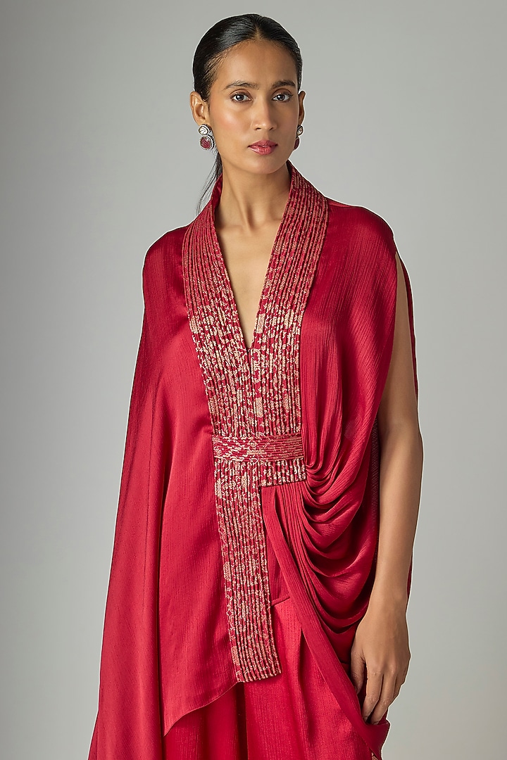 Ruby-Colored Satin Chiffon Cape Set by Amit Aggarwal at Pernia's Pop Up Shop