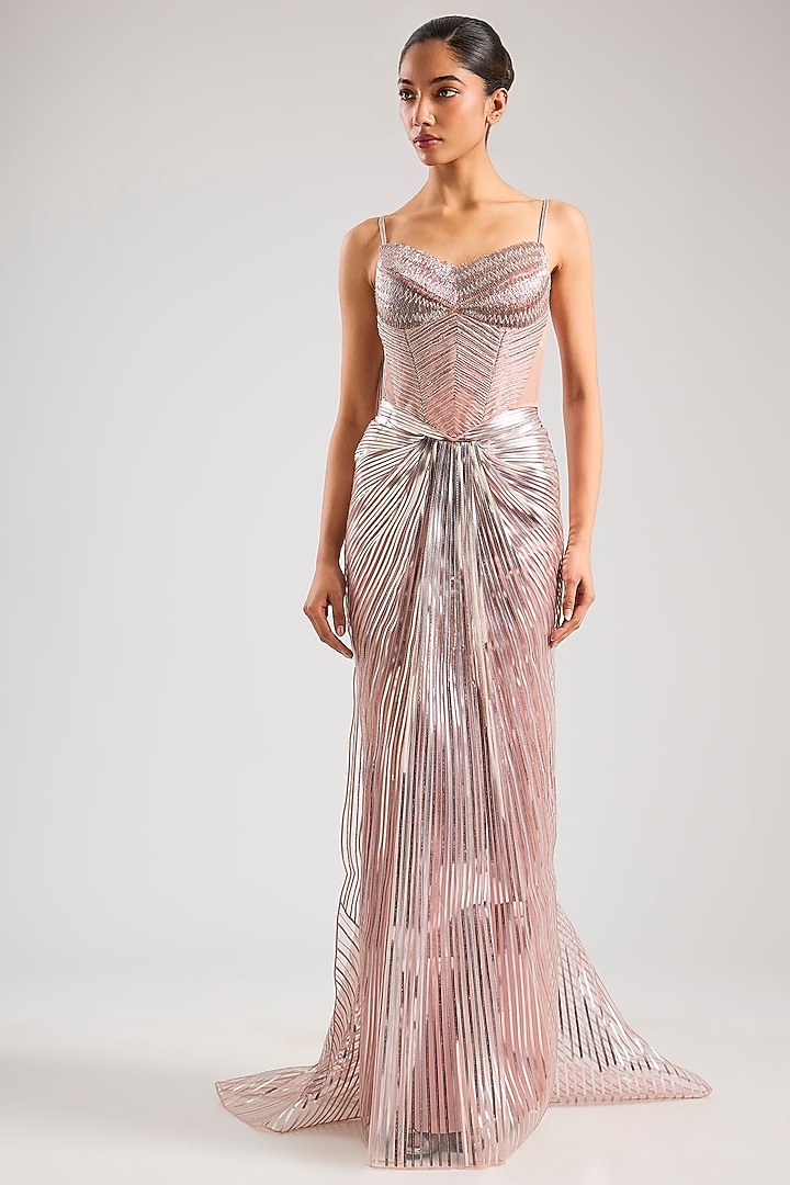 Blush Pink Butterfly Net Draped Skirt Set by Amit Aggarwal at Pernia's Pop Up Shop