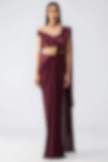 Oxblood Chiffon Pre-Draped Reception Saree Set by Amit Aggarwal at Pernia's Pop Up Shop